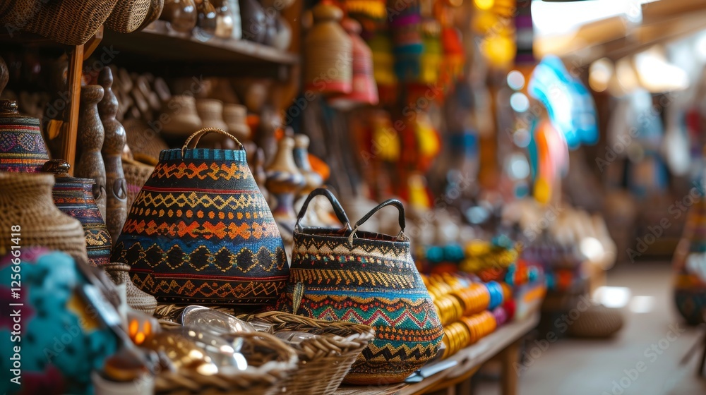 A close-up of colorful handmade woven baskets and crafts in a bustling artisan market, showcasing intricate patterns and textures under natural light. AI generated. A close-up of colorful handmade woven baskets and crafts in a bustling artisan market, showcasing intricate patterns and textures under natural light. AI generated.