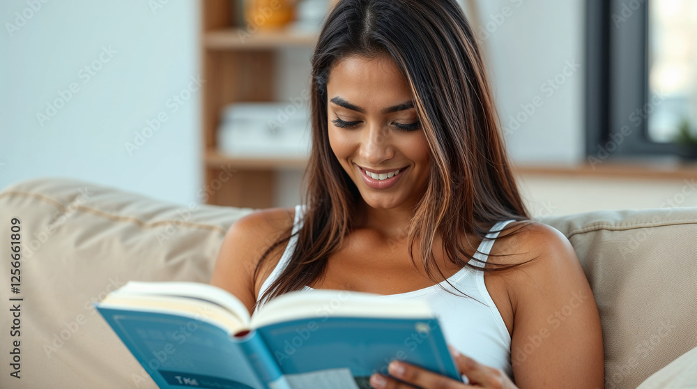 Young smart happy woman wears white tank shirt read book novel sit on sofa couch stay at home. People lounge concept Young smart happy woman wears white tank shirt read book novel sit on sofa couch stay at home. People lounge concept