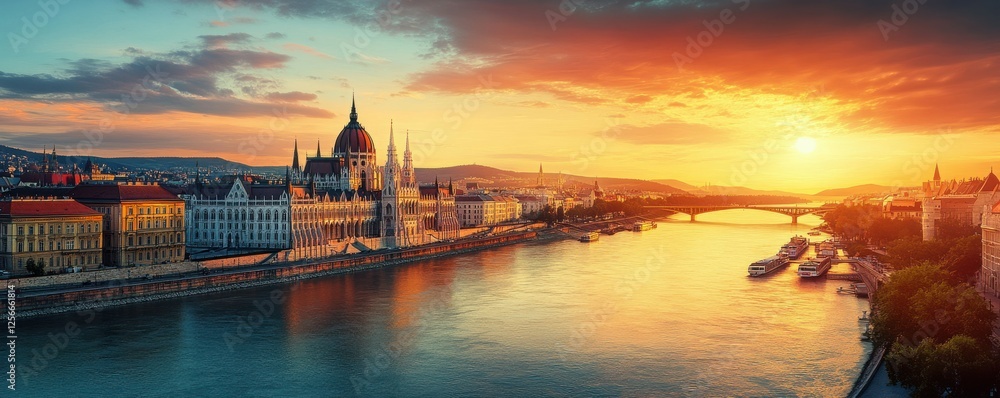 Obraz premium Sunset over the danube river and hungarian parliament building in budapest