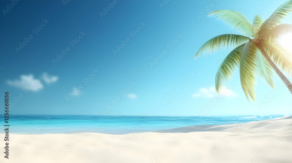 Fototapeta premium A serene tropical beach scene with a palm tree, turquoise water, and a clear blue sky, perfect for relaxation.
