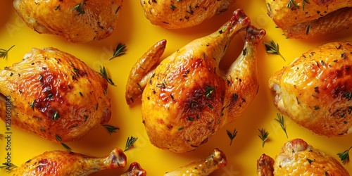 Juicy roasted chickens garnished with herbs on a vibrant yellow backdrop showcasing cooking artistry photo