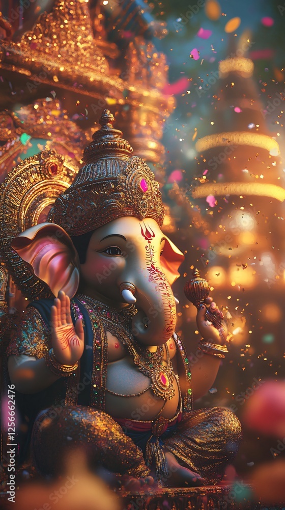 Obraz premium Ganesh Statue in Indian Night Festival with Lanterns, Fireworks, and Floating Confetti. Copy space. Generative AI