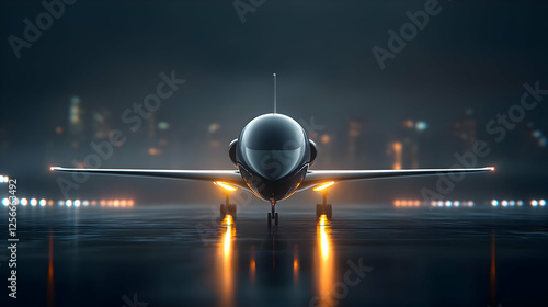 A sleek aircraft poised for takeoff under moody lighting, showcasing modern aviation technology and performance. photo