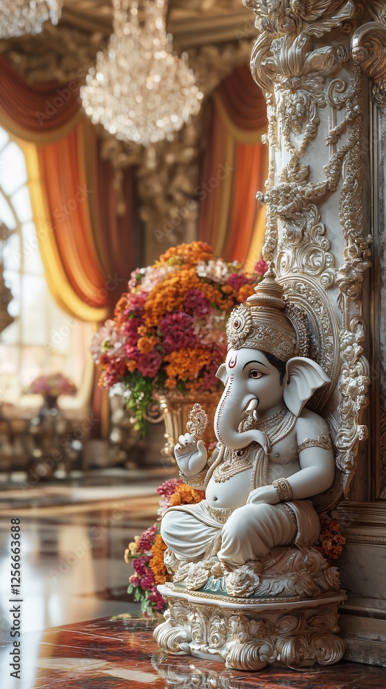 Fototapeta premium Ganesh Statue in Indian Palace with Ornate Pillars, Silk Drapes, and Festive Chandeliers. Copy space. Generative AI