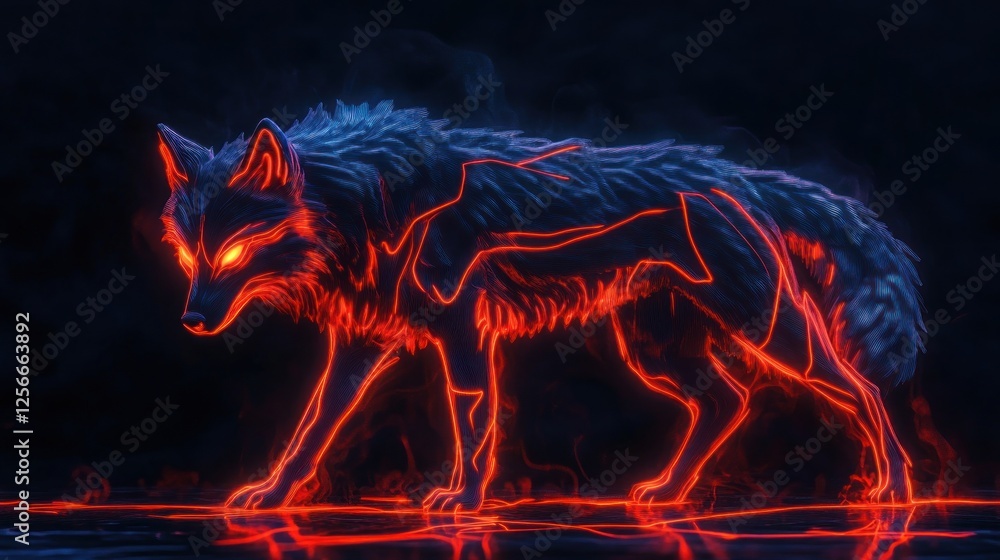Fiery wolf walking on dark surface, fantasy art