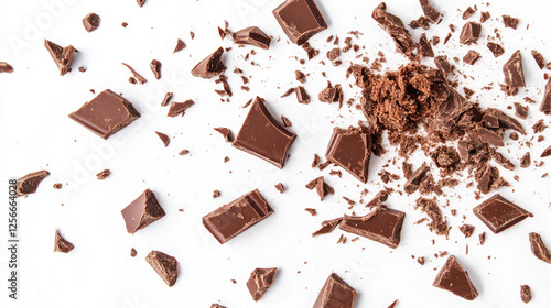 Delicious Broken Pieces of Milk Chocolate on White Background