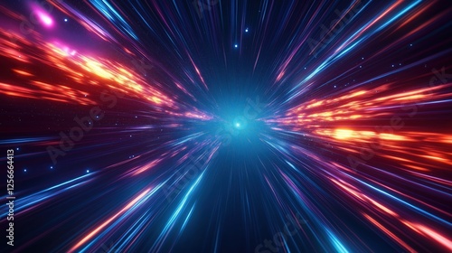 Vibrant cosmic journey through a burst of colorful light beams in a deep space setting.
