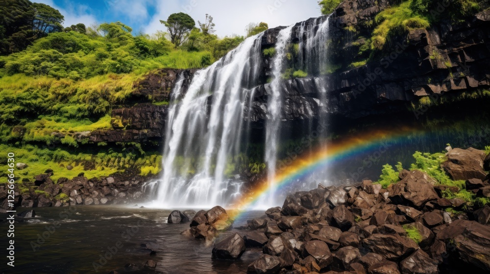 Fototapeta premium Majestic cascade with a rainbow arc at falls beautiful natural scenery