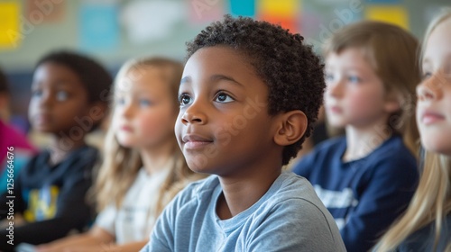 Curious young boy listening attentively in classroom setting