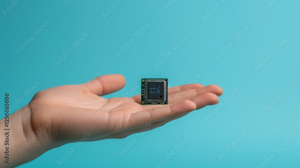 An open hand holding a microchip in a modern composition, paired with a clean blue background. Perfect for technology and innovation-related visuals. AI generated. An open hand holding a microchip in a modern composition, paired with a clean blue background. Perfect for technology and innovation-related visuals. AI generated.