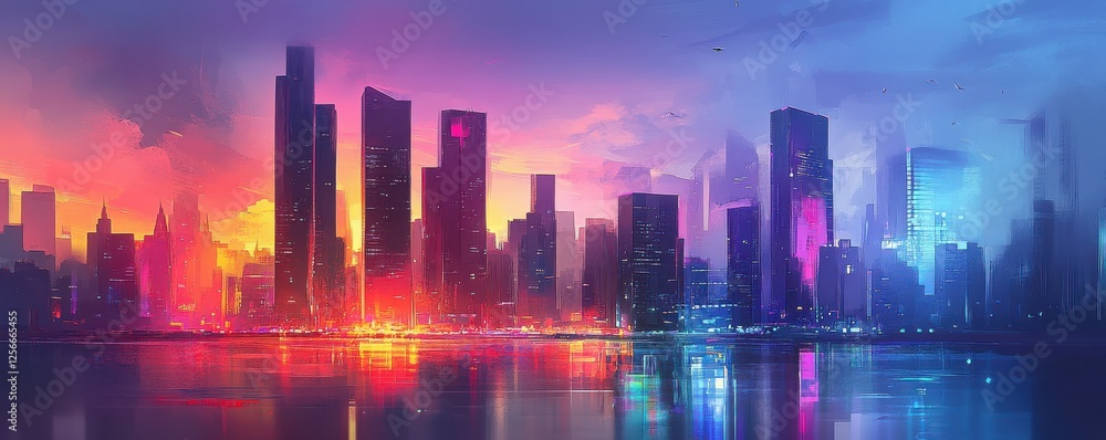 Vibrant neon skyline reflecting in tranquil water at sunset Vibrant neon skyline reflecting in tranquil water at sunset