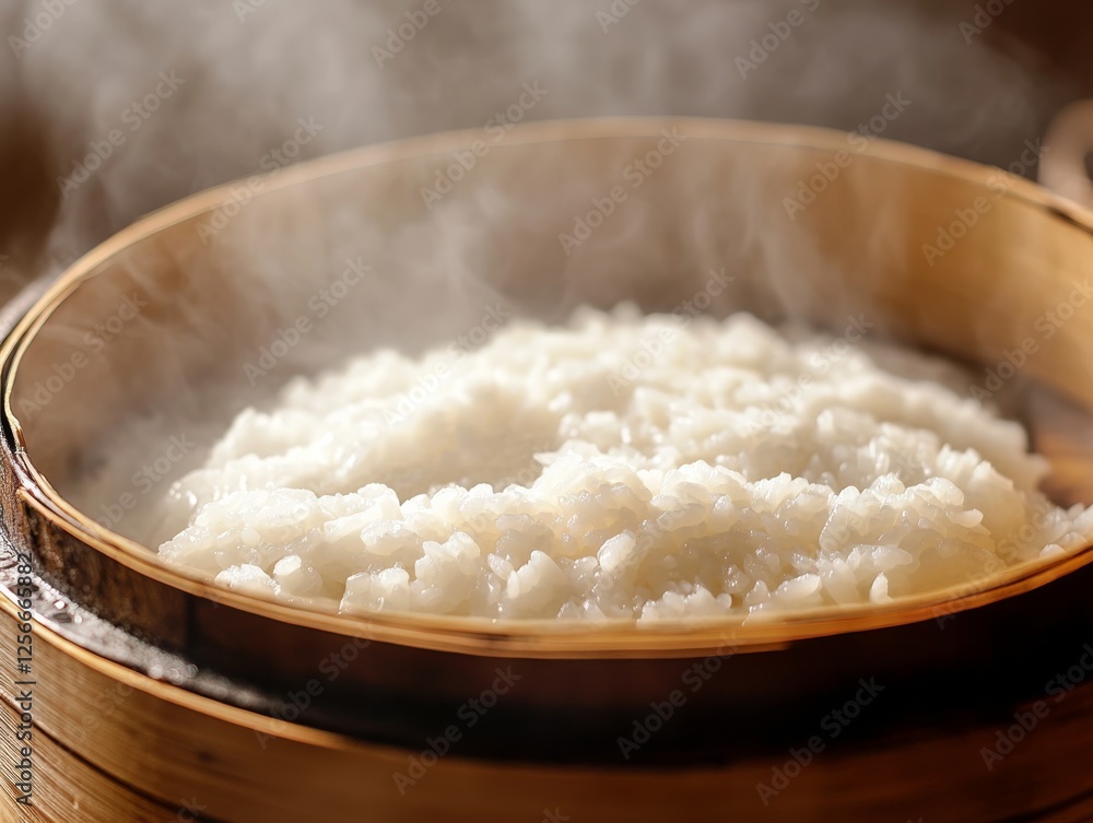 Rice being steamed in a bamboo steamer. Featuring rice being steamed in a bamboo steamer. Highlighting traditional cooking methods and Asian cuisine. Ideal for food and cultural visuals. Rice being steamed in a bamboo steamer. Featuring rice being steamed in a bamboo steamer. Highlighting traditional cooking methods and Asian cuisine. Ideal for food and cultural visuals.