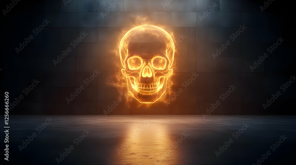 A striking illuminated skull design, presenting a haunting yet artistic representation in a dark environment. A striking illuminated skull design, presenting a haunting yet artistic representation in a dark environment.