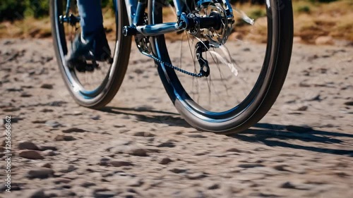 Cyclist's Rear Wheel in Motion on a Gravel Road