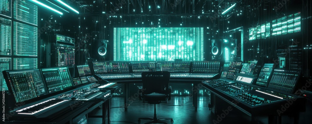 Fototapeta premium Futuristic music studio with neon lighting and high-tech sound equipment