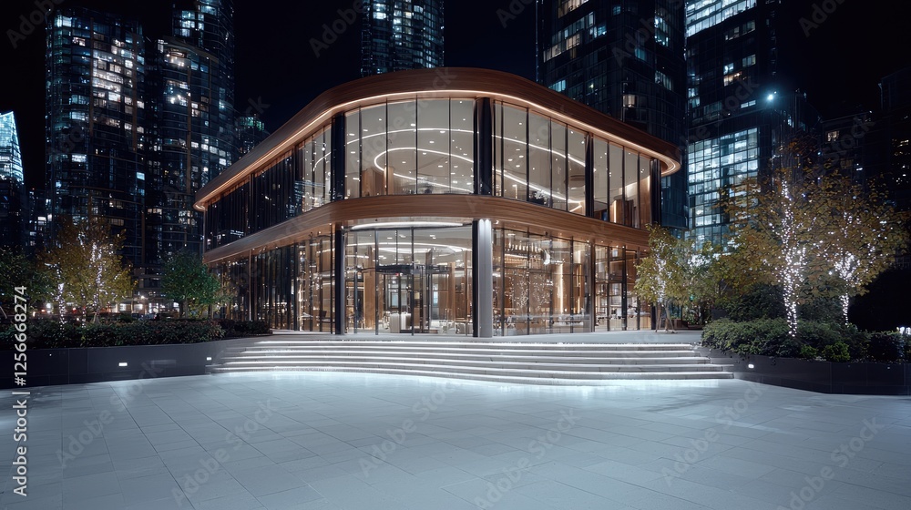 Fototapeta premium Modern Glass Building at Night, Cityscape