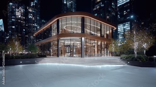 Modern Glass Building at Night, Cityscape