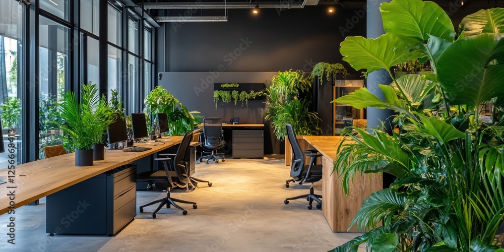 Modern office interior with lush greenery and wooden desks. Modern office interior with lush greenery and wooden desks.