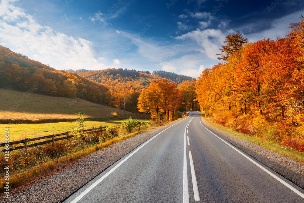 Beautiful rural road in autumn season forest. Royalty high-quality free best stock of Scenic autumn Winding road with colorful foliage, amazing landscape nature, fall color trees woods Beautiful rural road in autumn season forest. Royalty high-quality free best stock of Scenic autumn Winding road with colorful foliage, amazing landscape nature, fall color trees woods