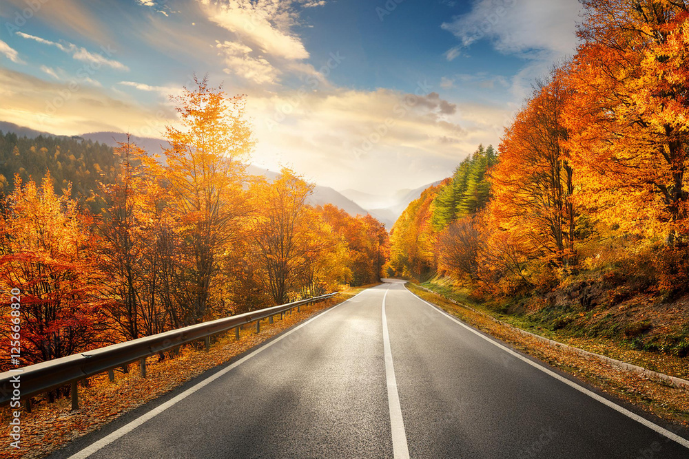 Fototapeta premium Beautiful rural road in autumn season forest. Royalty high-quality free best stock of Scenic autumn Winding road with colorful foliage, amazing landscape nature, fall color trees woods