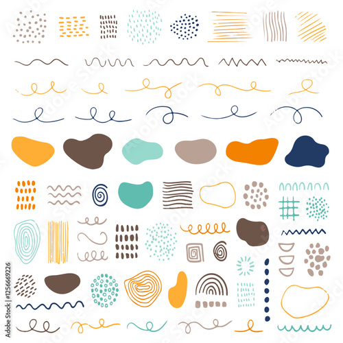 Cute vector set with different dinosaurs, mountains, volcanoes, palm trees, clouds, eggs, footprints. Vector illustration. Creative children's animals.