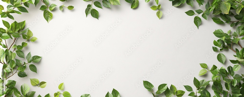Fototapeta premium Green leaves branches forming frame on white background