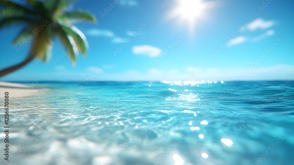 Fototapeta premium A stunning tropical beach with clear blue water and a bright sun shining overhead, perfect for relaxation and escape.