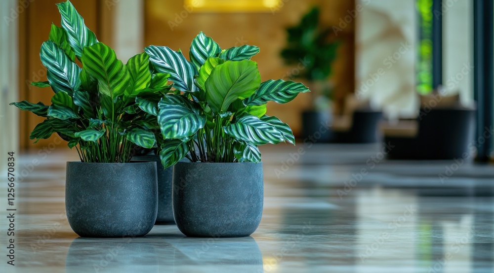 Obraz premium Calathea Ornata Plants in Grey Pots in a Modern Lobby