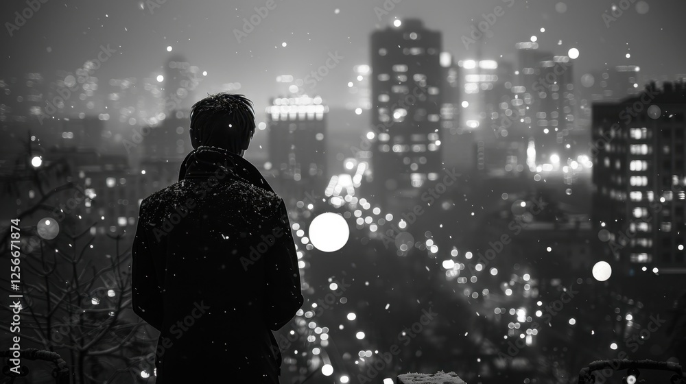 Man standing in the snow city view in distance snowy landscape gazing directly at camera suitable for travel agency winter tourism outdoor gear concept copyspace looking at camera Man standing in the snow city view in distance snowy landscape gazing directly at camera suitable for travel agency winter tourism outdoor gear concept copyspace looking at camera
