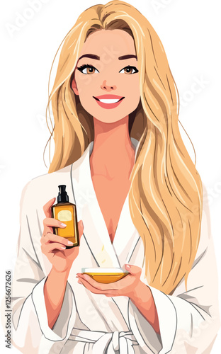 Vsai smiling woman wearing bathrobe holding cosmetic products