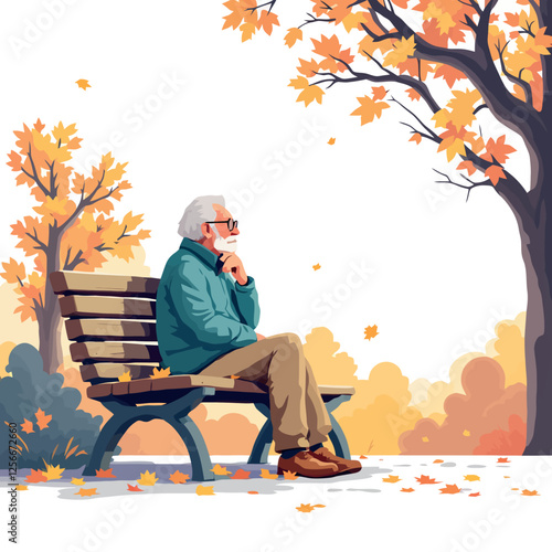 Vsai senior man relaxing on bench in autumn park, enjoying golden leaves falling from trees