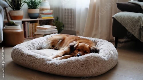 A dog peacefully sleeping in its cozy dog bed in a living room or pet corner. 