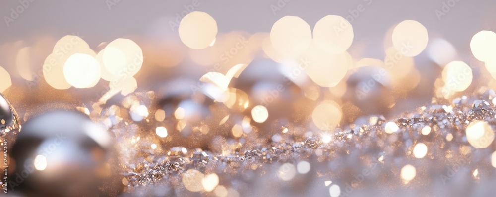 Abstract bokeh of glowing gold and silver orbs on glittering surface Abstract bokeh of glowing gold and silver orbs on glittering surface