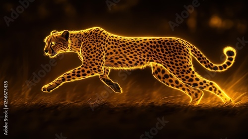 Glowing cheetah running through savanna grass at night; wildlife artwork