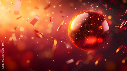 A vibrant celebration scene featuring a shiny ball surrounded by colorful confetti, creating a festive atmosphere. photo