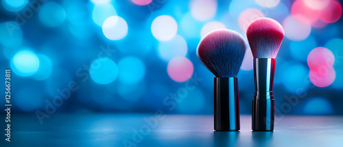 A vibrant close-up of makeup brushes against a colorful bokeh background, perfect for beauty and cosmetic themes. photo