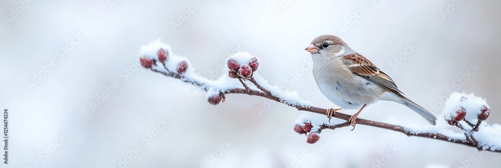 A small bird perched on a snow-covered branch with red berries in winter. A small bird perched on a snow-covered branch with red berries in winter.