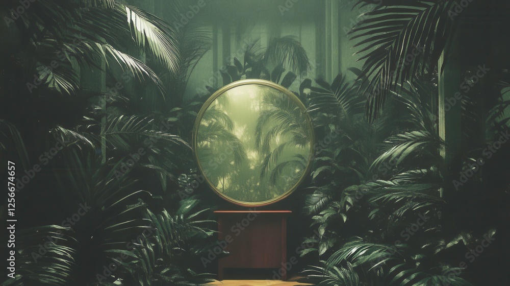 Fototapeta premium Exploring enigmatic reflections in lush greenery serene indoor setting artful photography dreamlike atmosphere