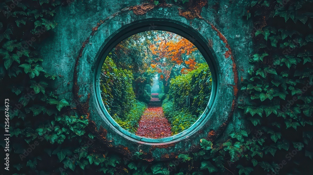 Obraz premium Exploring a serene garden path through a circular frame enchanting nature tranquil environment artistic viewpoint