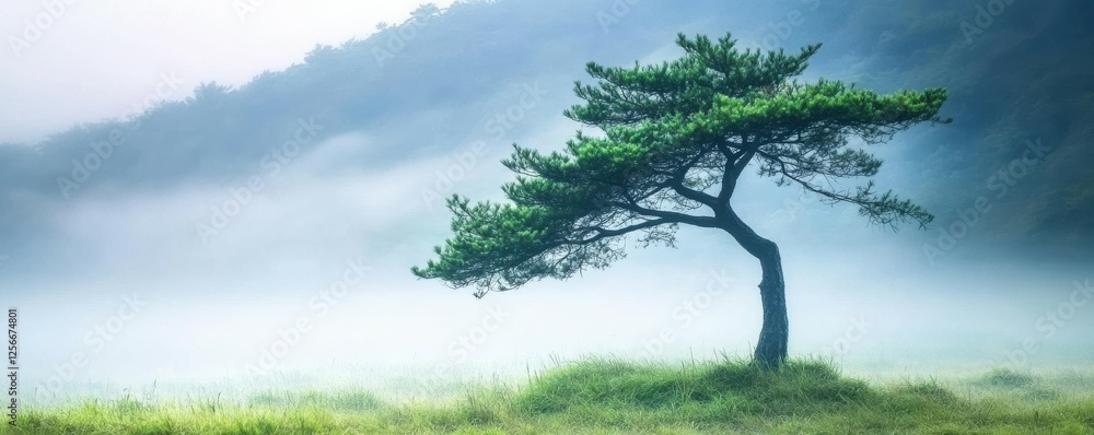 Fototapeta premium Serene landscape with lone pine tree in misty mountain meadow
