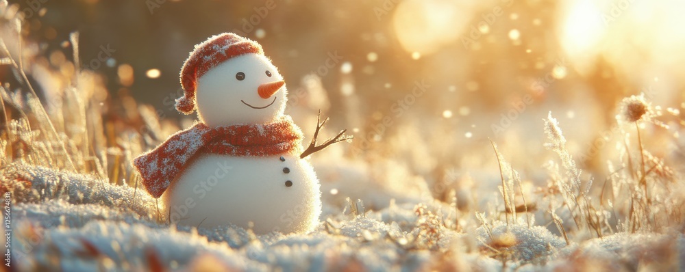 Obraz premium Cheerful snowman in a winter wonderland at sunset