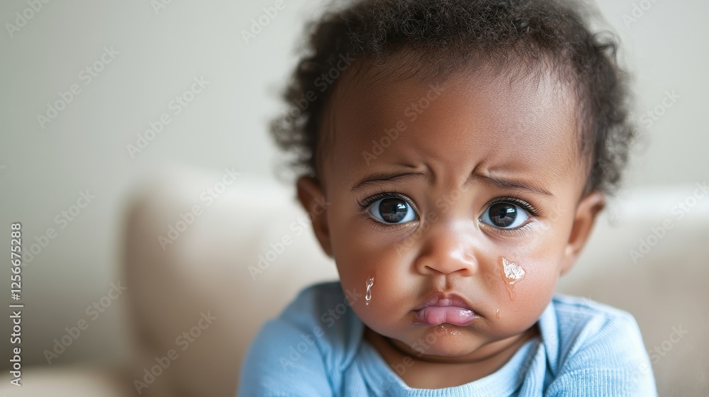 A baby girl shows her emotions with teary eyes and a pouty expression while seated comfortably A baby girl shows her emotions with teary eyes and a pouty expression while seated comfortably