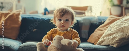 Curious caucasian baby with toy on sofa in cozy living room