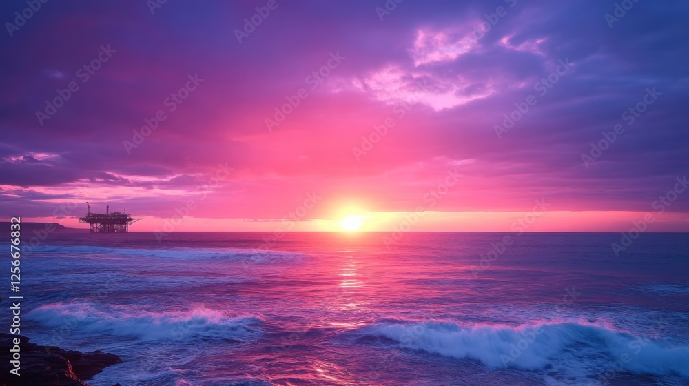 Vibrant Sunset Over Calm Ocean with Oil Rig Silhouette in Distance Vibrant Sunset Over Calm Ocean with Oil Rig Silhouette in Distance