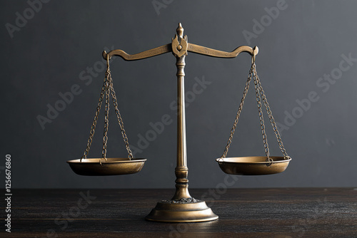 Antique brass balance scales on wooden table with dark background photo