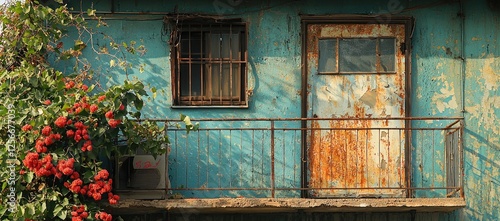 Rusted door and window on a weathered teal building with red flowers.