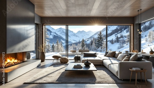 Modern Mountain View Living Room with Fireplace and Stunning Landscape