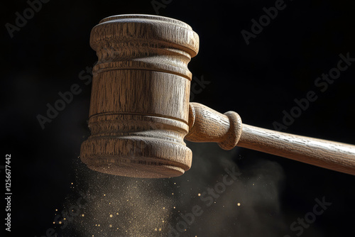 Wooden judge's gavel in mid-strike with dust particles against dark background photo