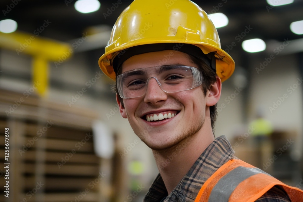 Smiling industrial worker in safety gear with students and interns in specialized environment Smiling industrial worker in safety gear with students and interns in specialized environment