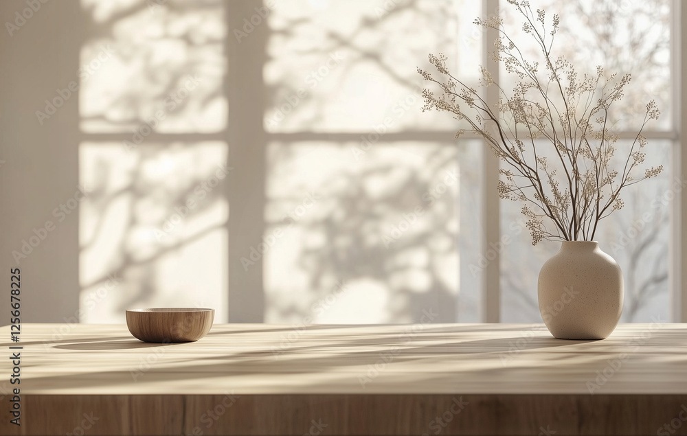 A beautifully lit rustic kitchen scene featuring a wooden table in the foreground, bathed in natural sunlight. A soft, cozy ambiance is created with greenery, wooden textures A beautifully lit rustic kitchen scene featuring a wooden table in the foreground, bathed in natural sunlight. A soft, cozy ambiance is created with greenery, wooden textures